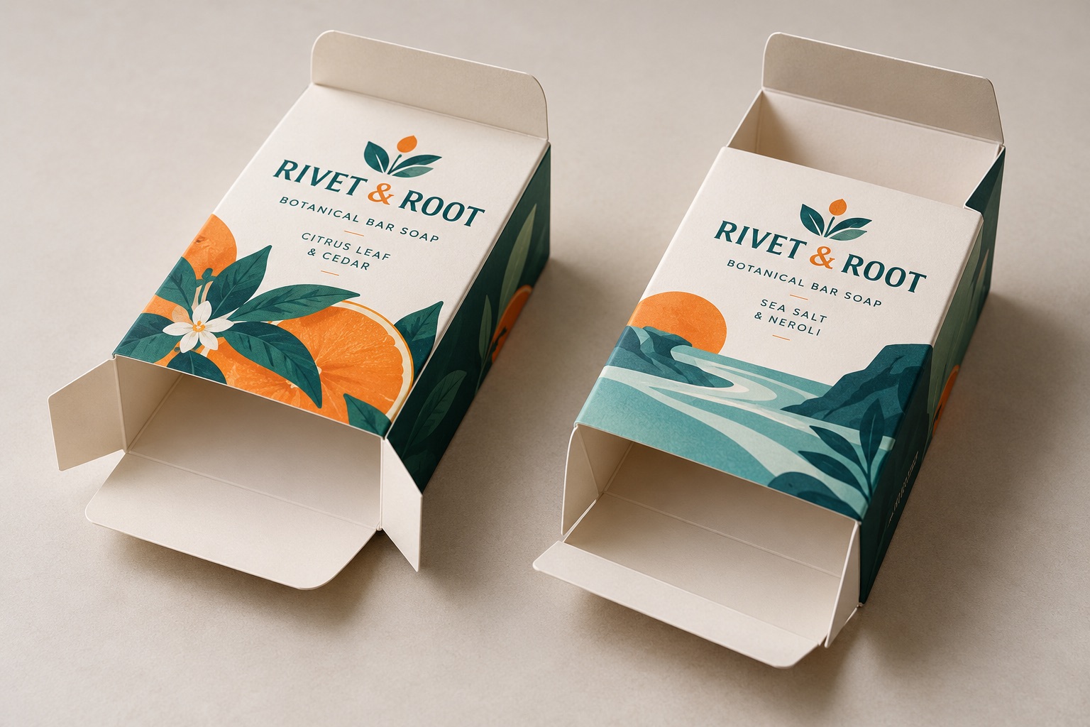 Illustrative fictional RIVET & ROOT packaging concept