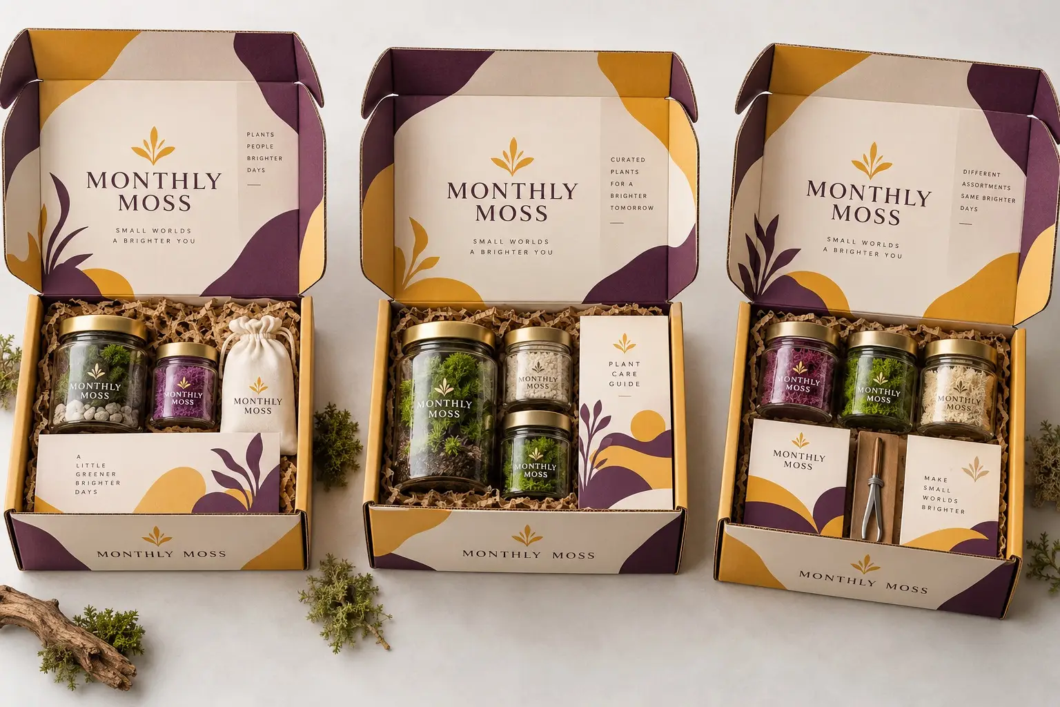 Illustrative fictional MONTHLY MOSS packaging concept