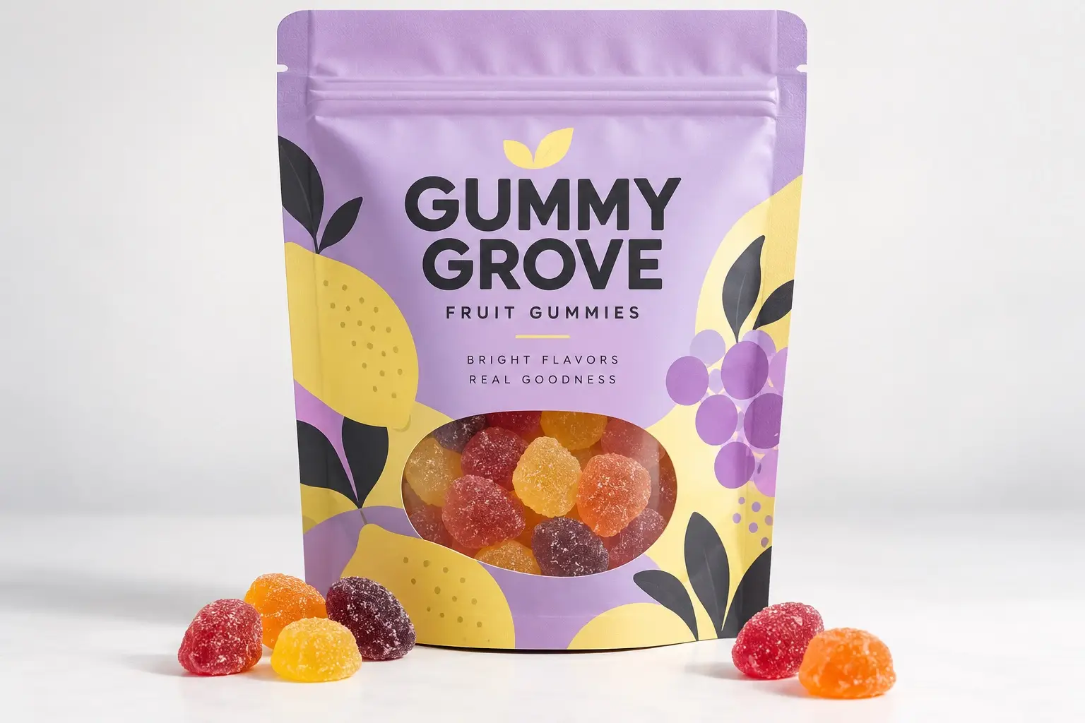 Illustrative fictional GUMMY GROVE packaging concept