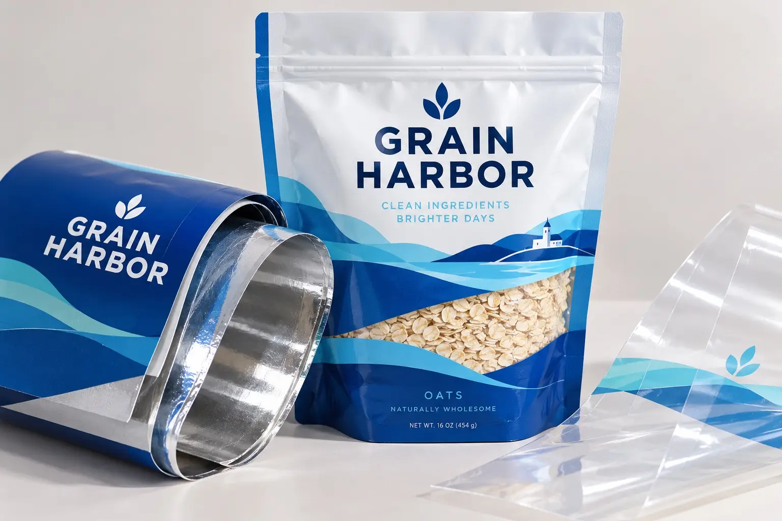 Illustrative fictional GRAIN HARBOR packaging concept