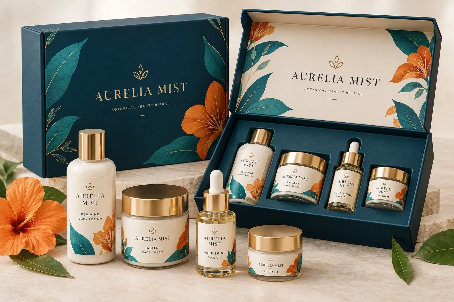 Illustrative packaging concept: Beauty Launch Kits: Coordinating Boxes, Labels, and Products