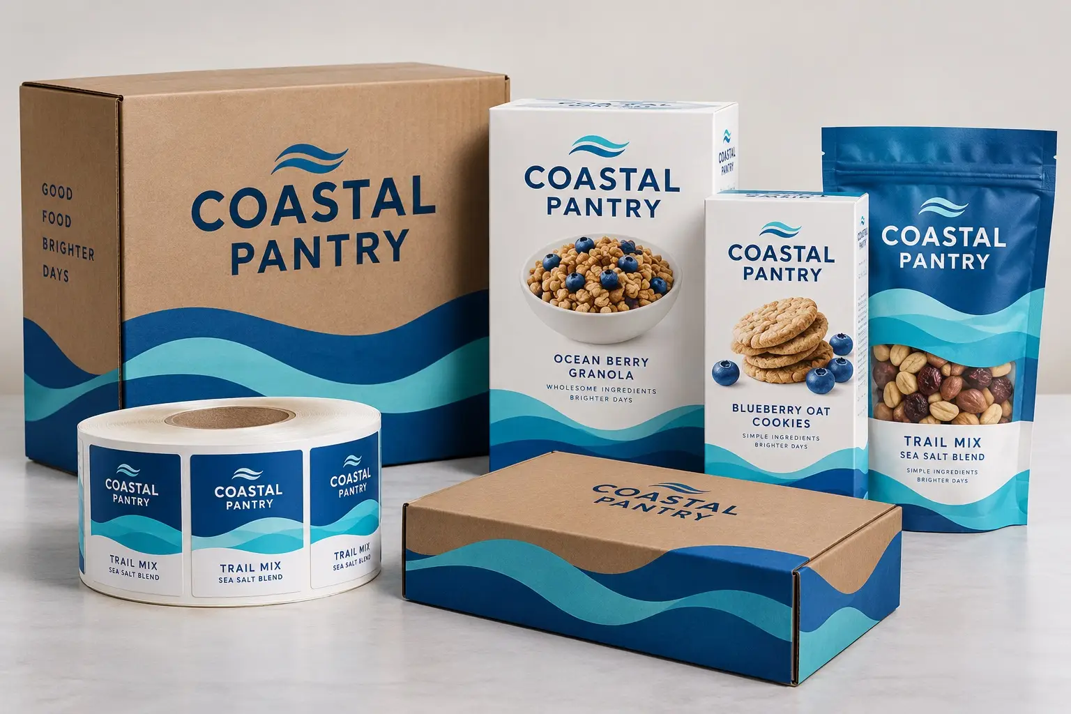 Illustrative fictional COASTAL PANTRY packaging concept