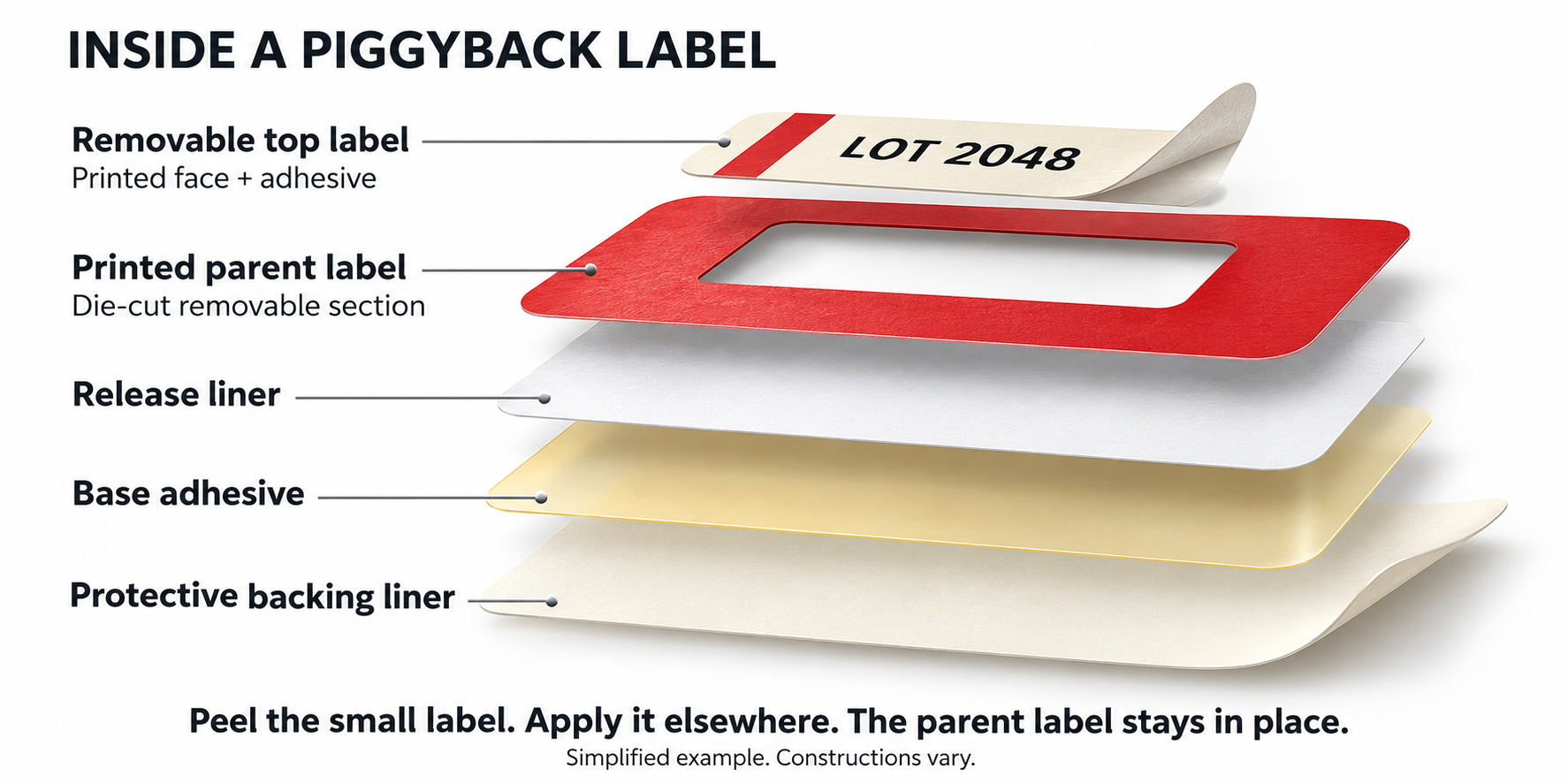 Exploded piggyback label diagram showing a removable tracking sticker above the parent label, release liner, base adhesive and protective backing.